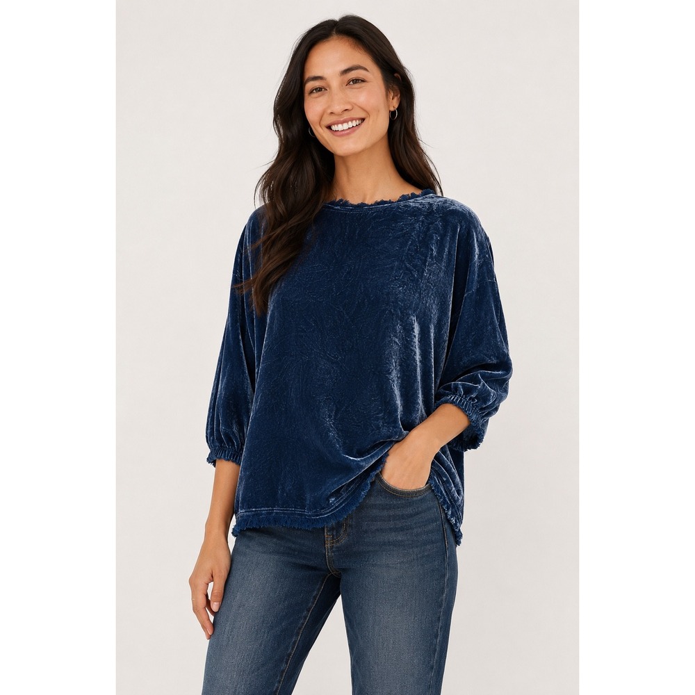 Sundance Blue Silk Blend Velvet Frayed Trim Balloon Sleeve Top Medium Petite